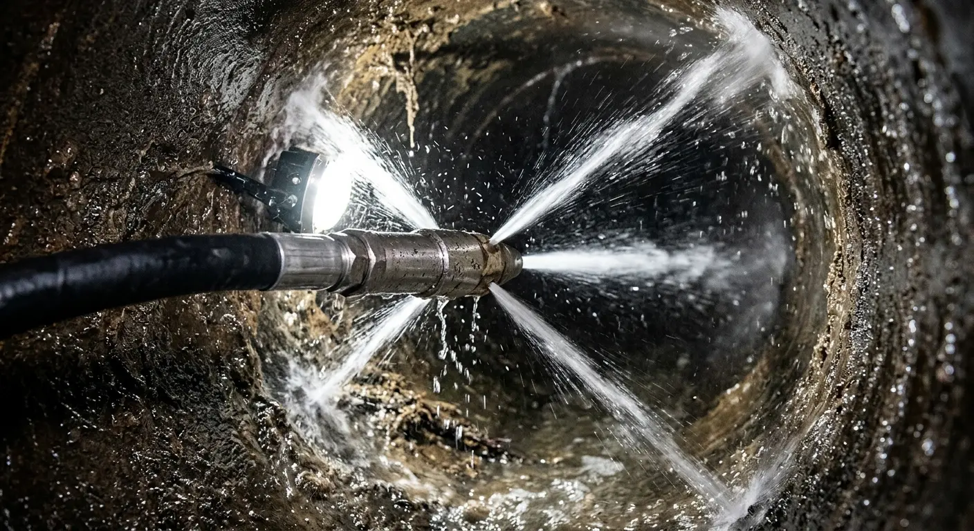 High-pressure hydro jetting nozzle cleaning sewer pipe for Trenchless Sewer Repair in Hales Corners