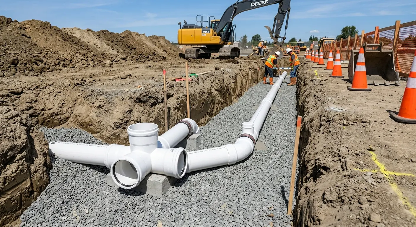 New PVC sewer pipe installation in open trench for Grease Trap Cleaning in Hales Corners