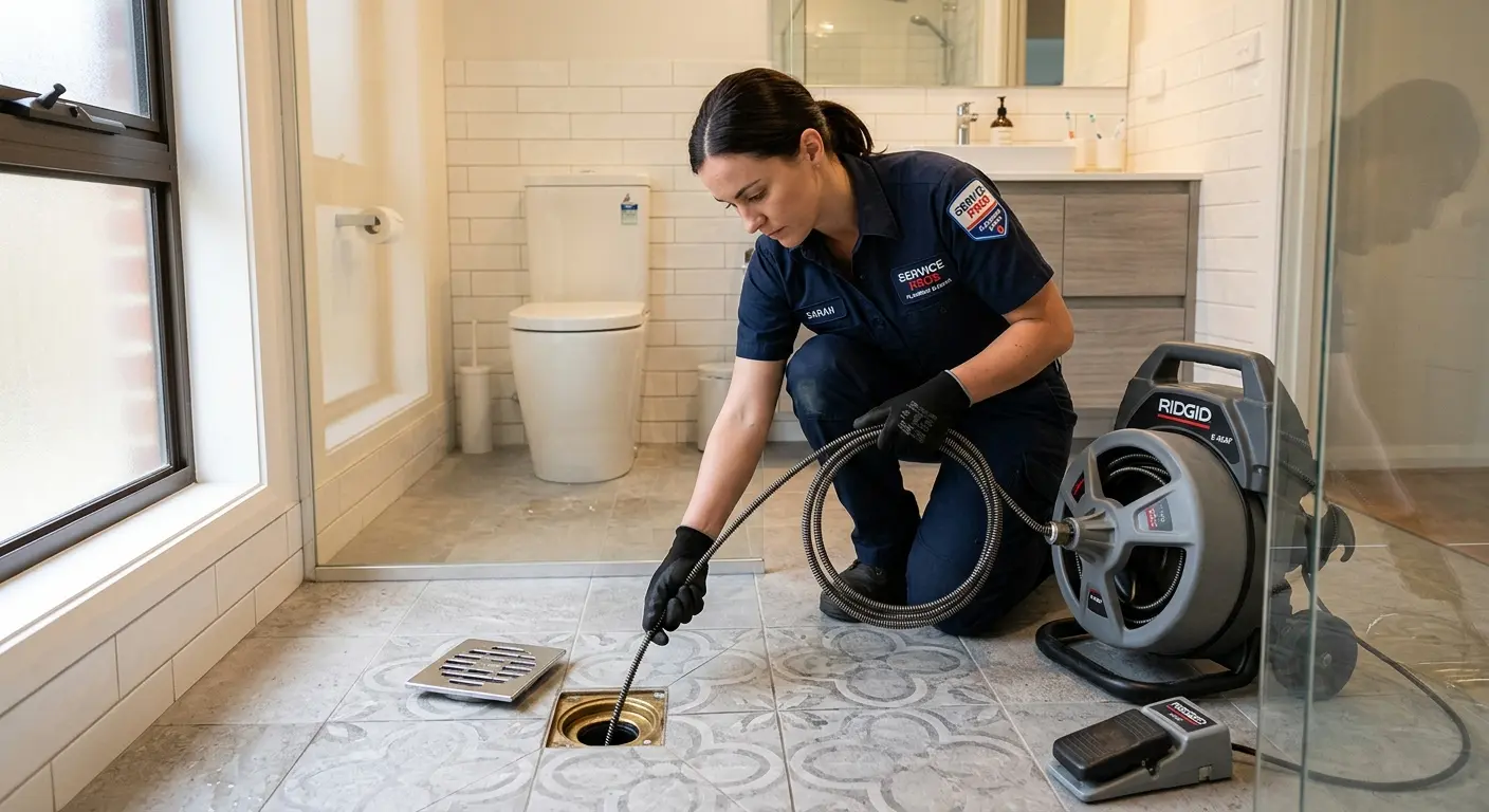 Technician clearing a bathroom floor drain for Sewer Line Replacement in Hales Corners